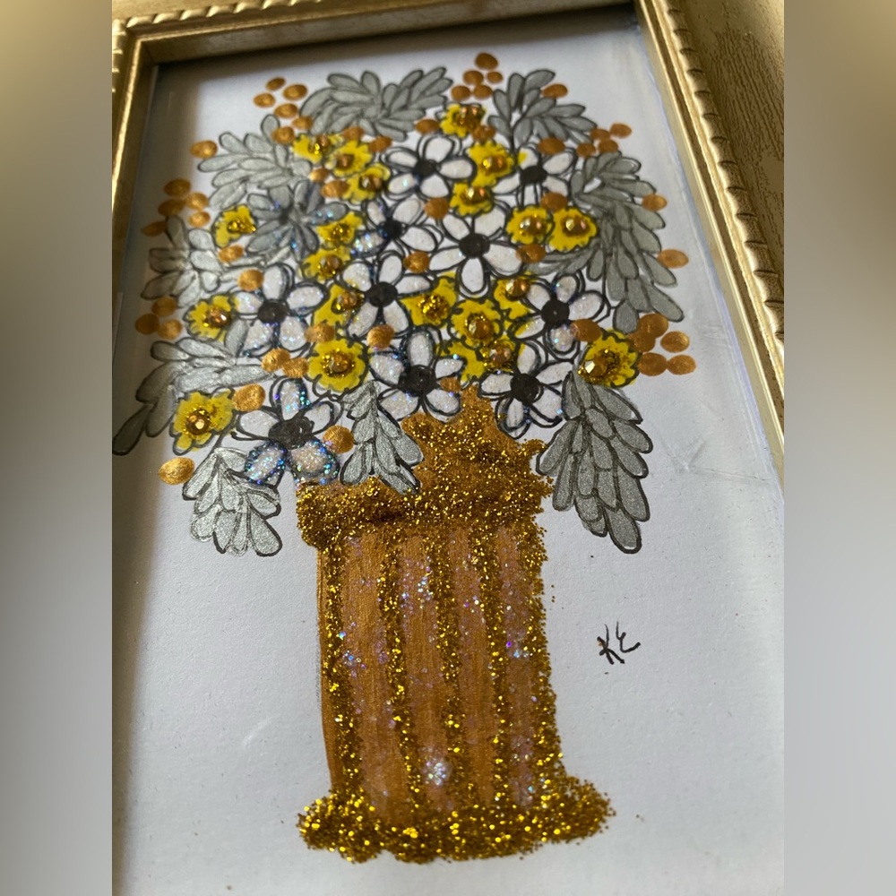 Floral Mixed Media Art. Gold Frame. ORIGINAL 6.5x8.5 inch - Picture 2 of 5